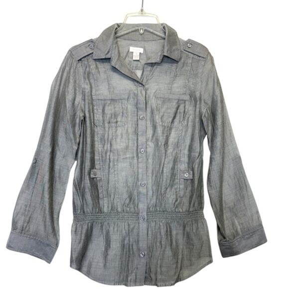 Chico’s Button Down Shirt sheer peplum gray striped blouse Size 1 Medium 8 - Picture 1 of 7